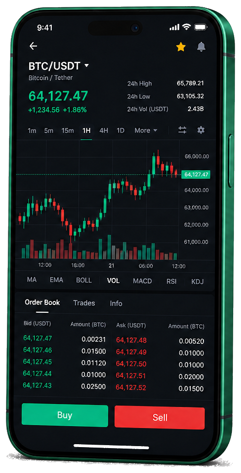 Futuro Dexlink mobile trading platform — live BTC/USDT chart, order book and buy/sell interface